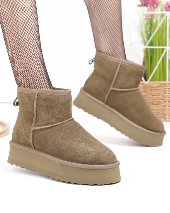 Ghete dama piele naturala intoarsa olive imblanite cu talpa usoara DS-4134