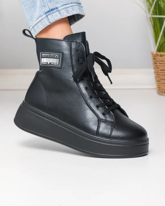 Ghete dama piele naturala negre cu inchdere sireturi si fermoar F001-886