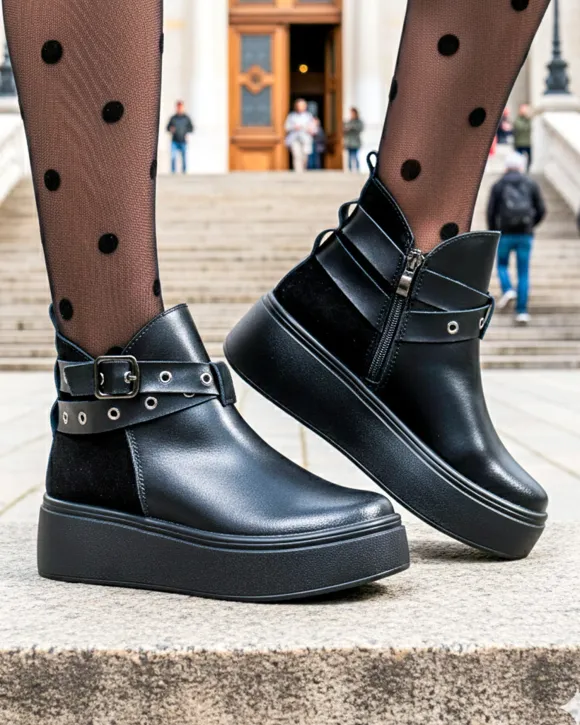 Ghete dama piele naturala negre cu inchidere fermoar si barete decorative T7000