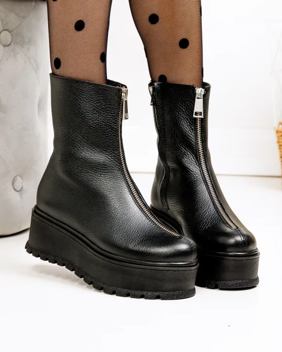 Ghete dama piele naturala negre cu talpa groasa PCI077