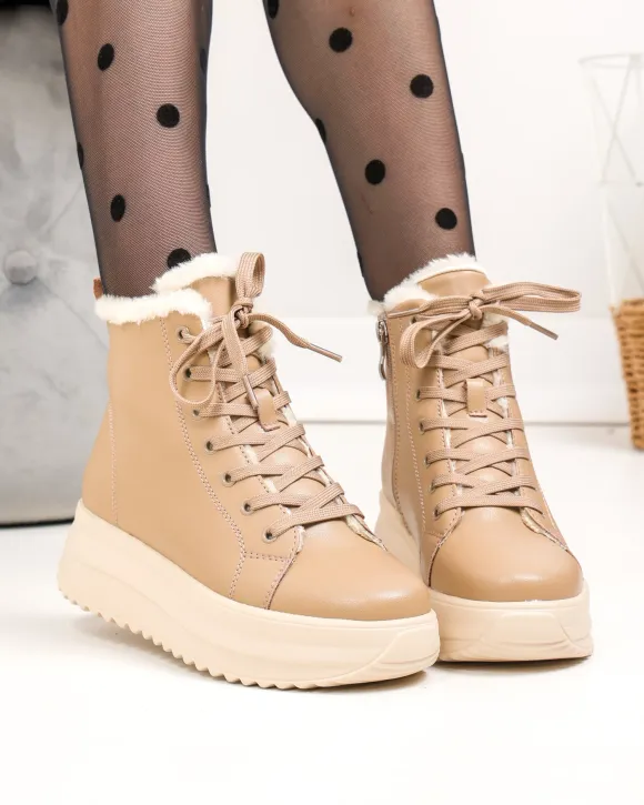 Ghete imblanite dama piele naturala kaki cu inchidere sireturi si fermoar F002-296