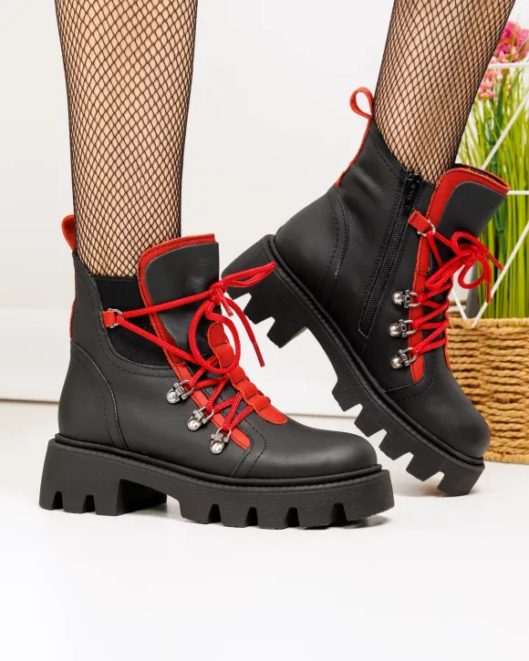 Ghete Imblanite Piele Naturala Negru cu Rosu PCI016