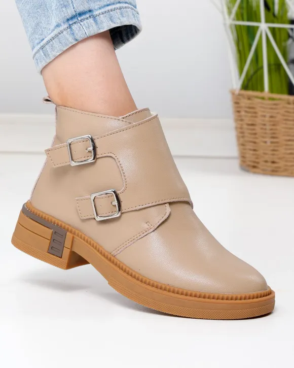 Ghete scurte captusite dama piele naturala kaki cu model suprapus si inchidere fermoar T-2630