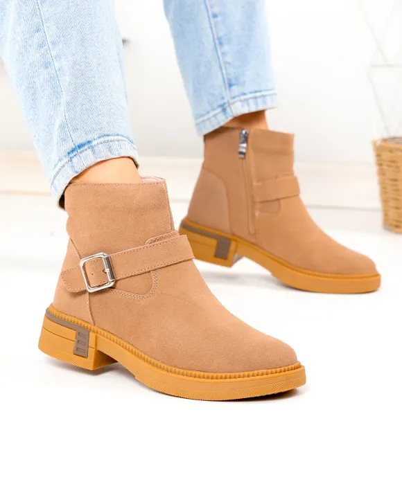 Ghete scurte dama din piele naturala khaki cu accesoriu si catarama T-2628