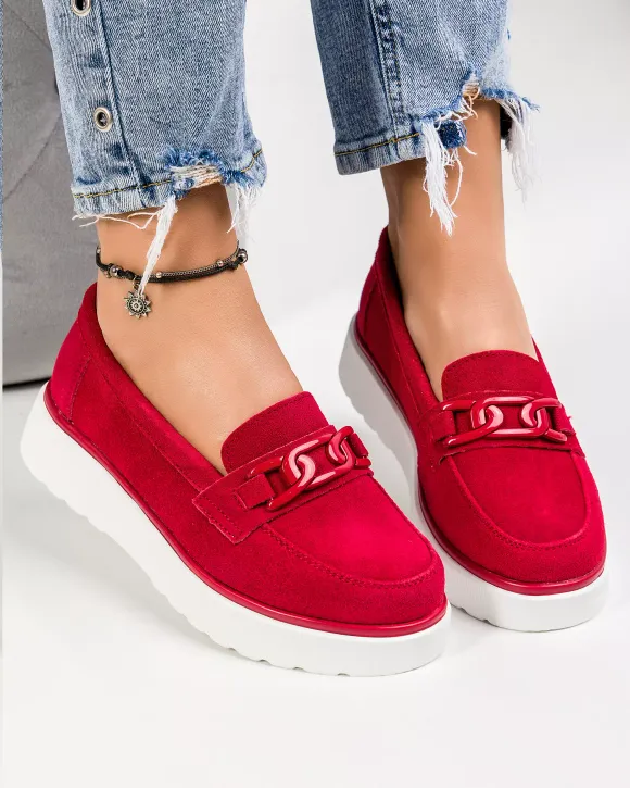 Mocasini dama piele naturala intoarsa rosii cu talpa alba inchidere slip-on si accesoriu T-3071