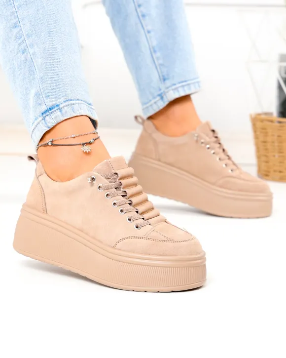 Pantofi casual dama din piele naturala intoarsa khaki cu talpa inalta F002-670