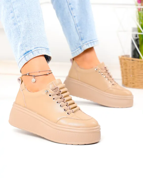 Pantofi casual dama din piele naturala khaki cu talpa inalta F002-670