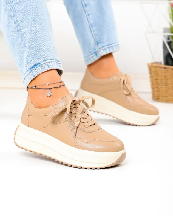 Pantofi casual dama din piele naturala khaki F002-674