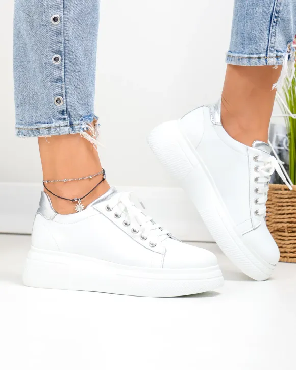 Pantofi Casual - Pantofi casual dama piele naturala albi cu argintiu PC206