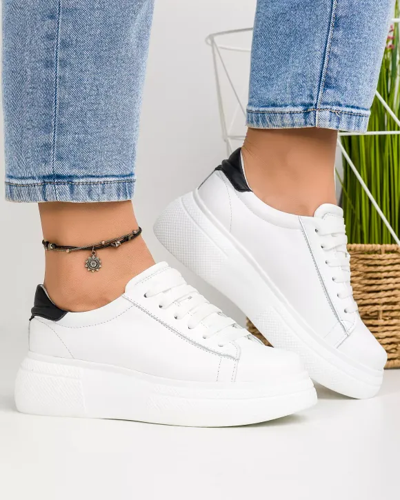 Pantofi Casual - Pantofi casual dama piele naturala albi cu talpa groasa ASTI207
