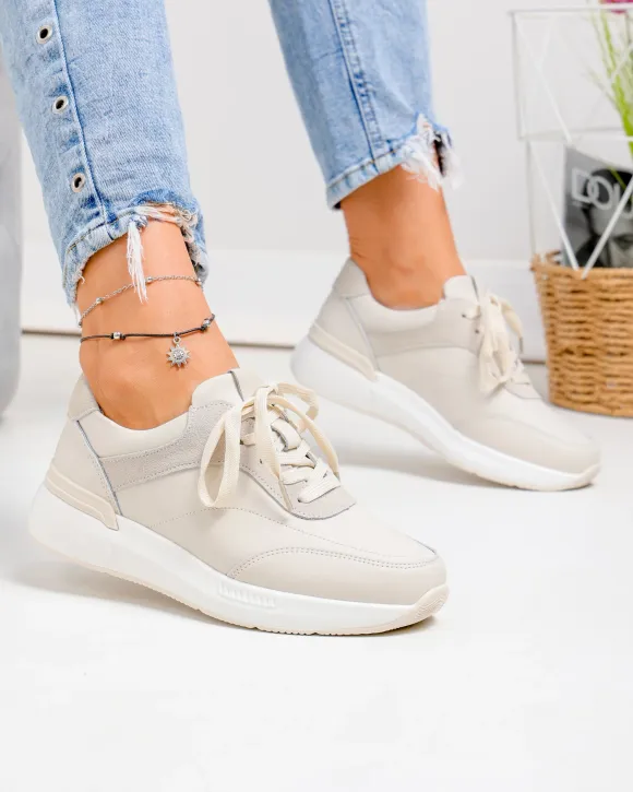 Pantofi casual dama piele naturala bej cu inchidere sireturi F001-948