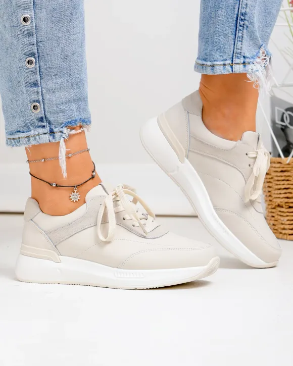 Outlet - Ultimele Marimi - Pantofi casual dama piele naturala bej cu inchidere sireturi F001-948
