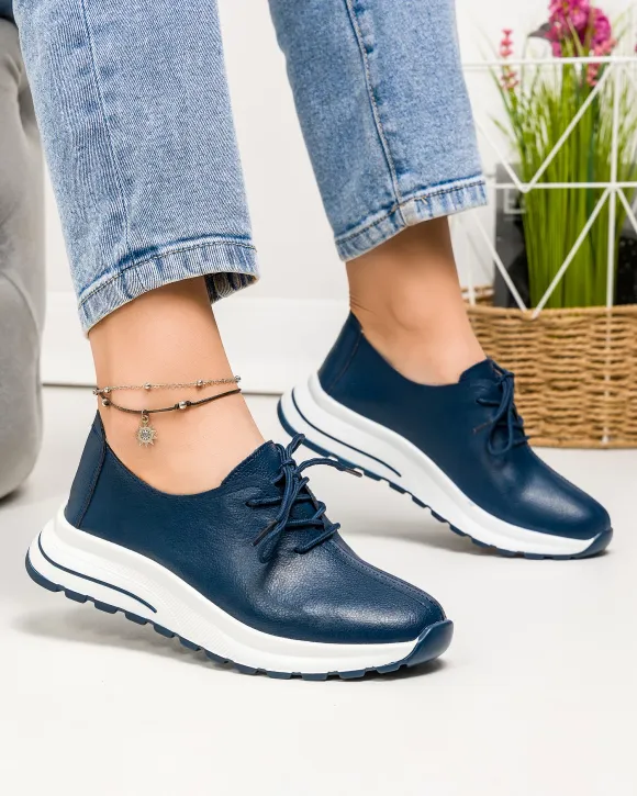Pantofi casual dama piele naturala bleumarin cu talpa alba T-5931