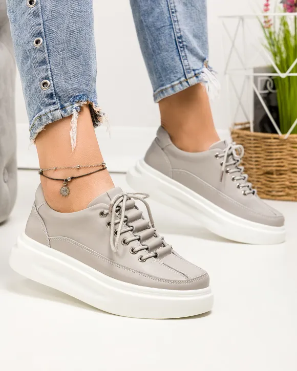 Pantofi casual dama piele naturala gri cu talpa groasa T-5970