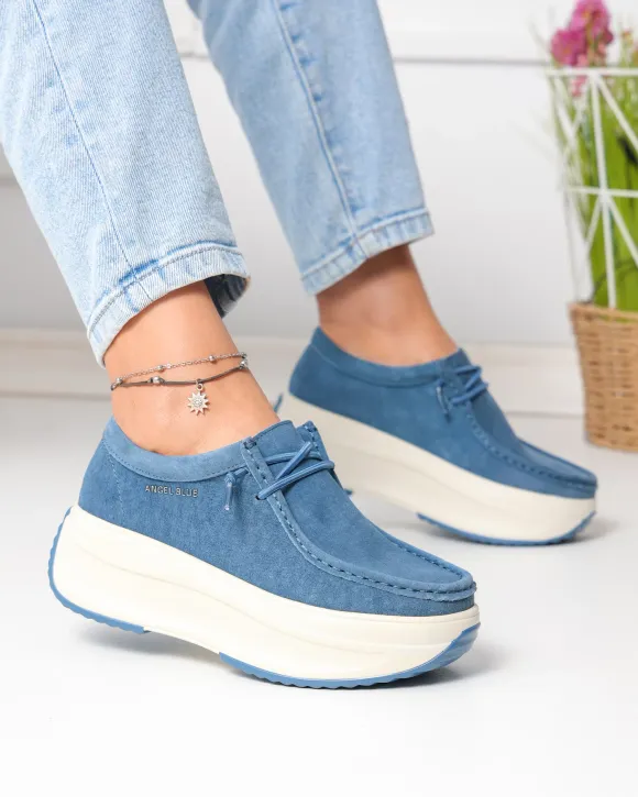 Pantofi casual dama piele naturala intoarsa albastri cu inchidere siret elastic F002-672