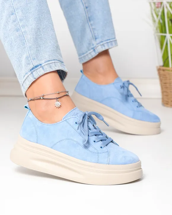 Pantofi casual dama piele naturala intoarsa albastri cu talpa inalta F007-997