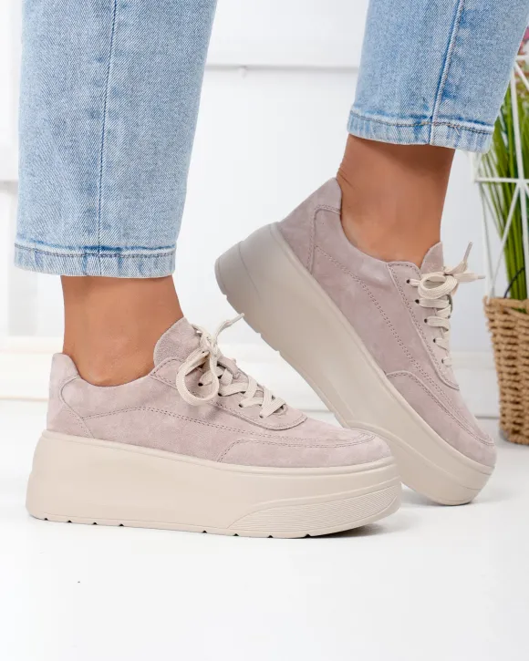 Pantofi casual dama piele naturala intoarsa bej cu talpa groasa F005-033