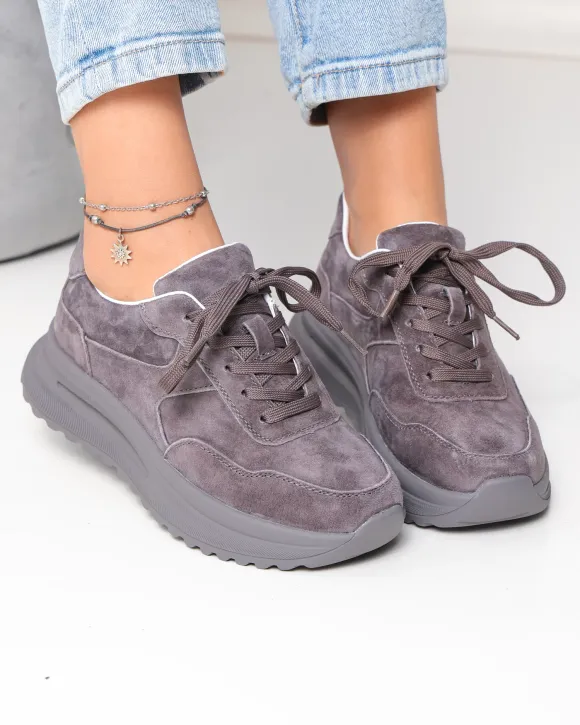 Pantofi Casual - Pantofi casual dama piele naturala intoarsa gri inchis cu talpa groasa F001-989