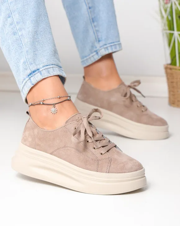 Pantofi casual dama piele naturala intoarsa kaki cu inchidere sireturi F007-997