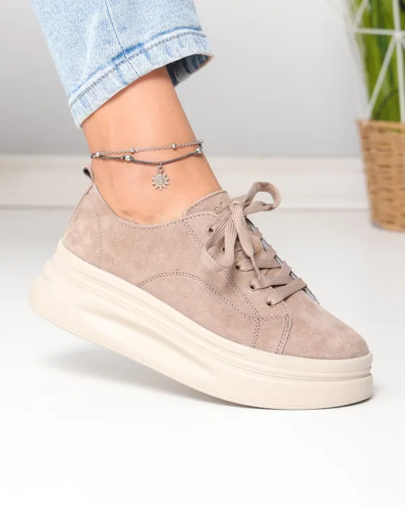 Pantofi casual dama piele naturala intoarsa kaki cu inchidere sireturi F007-997
