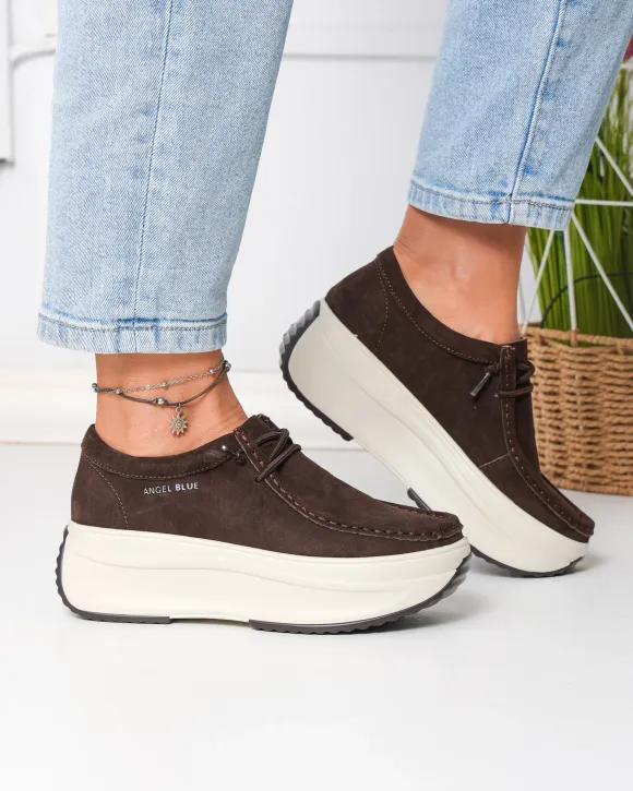 Pantofi casual dama piele naturala intoarsa maro cu talpa groasa si inchidere siret elastic F002-672