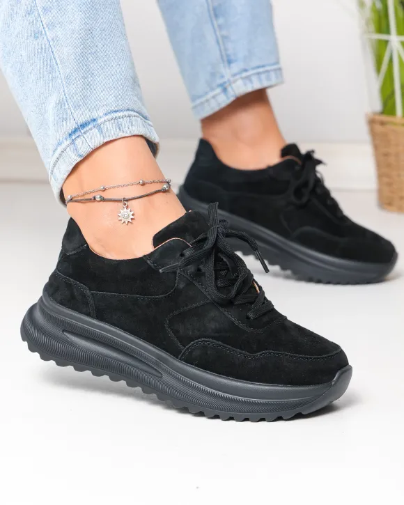 Pantofi casual dama piele naturala intoarsa negri captusiti cu inchidere sireturi F001-989
