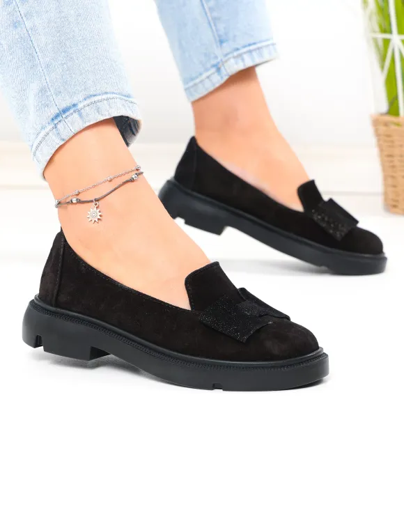 Pantofi casual dama piele naturala intoarsa negri cu fundita PC810-2