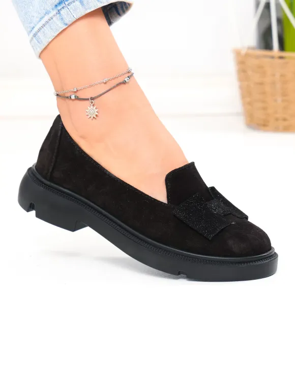 Pantofi casual dama piele naturala intoarsa negri cu fundita PC810-2