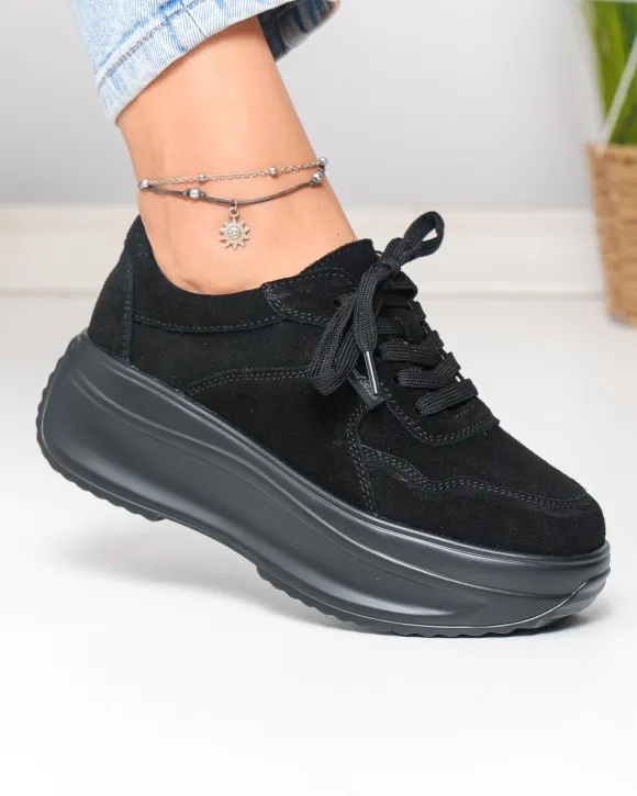 Pantofi casual dama piele naturala intoarsa negri cu inchidere sireturi F002-673