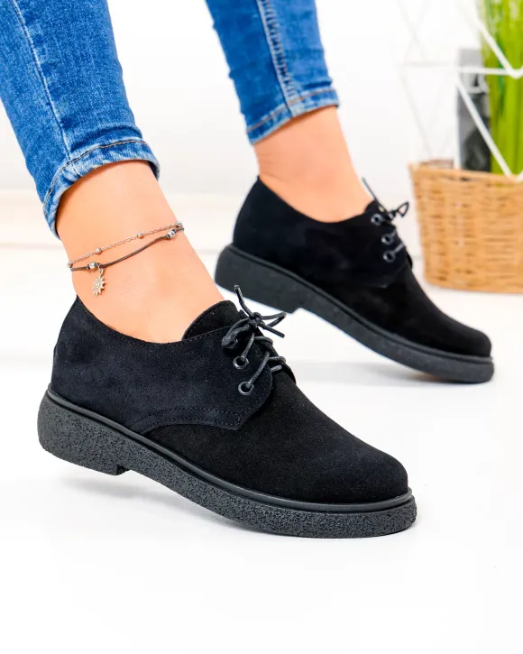 Pantofi casual dama piele naturala intoarsa negri cu inchidere sireturi PC857