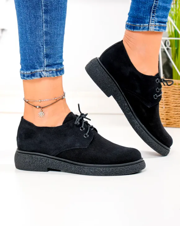 Pantofi casual dama piele naturala intoarsa negri cu inchidere sireturi PC857