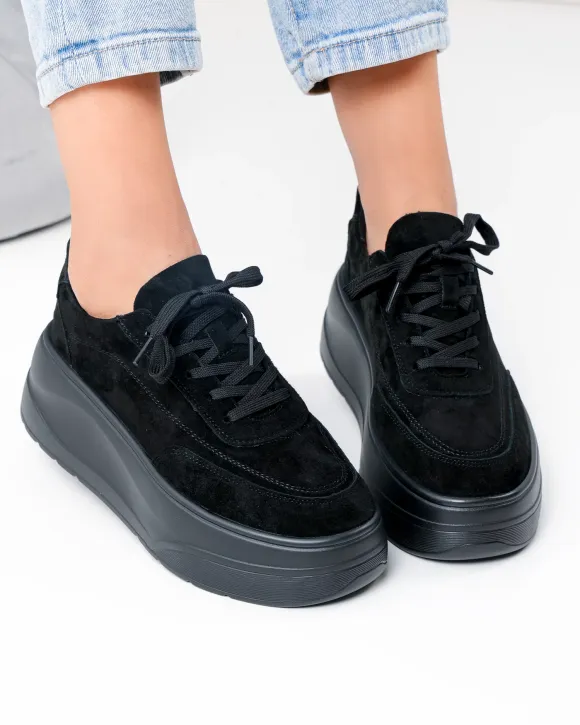 Outlet - Ultimele Marimi - Pantofi casual dama piele naturala intoarsa negri cu inchidere sireturi si talpa groasa F005-033
