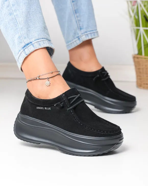 Pantofi casual dama piele naturala intoarsa negri cu talpa groasa F002-672