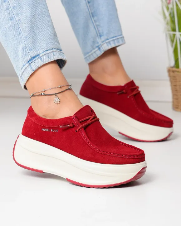 Pantofi casual dama piele naturala intoarsa rosii cu inchidere siret elastic si talpa groasa F002-672