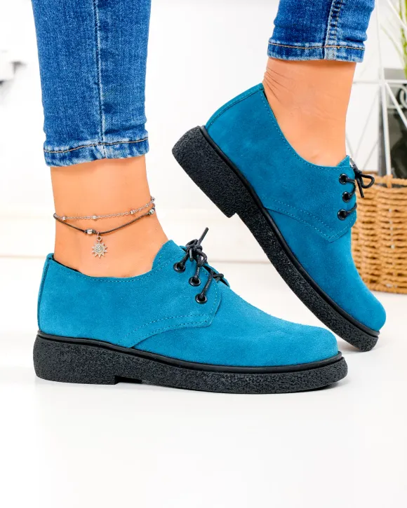 Pantofi casual dama piele naturala intoarsa turcoaz cu talpa neagra PC857