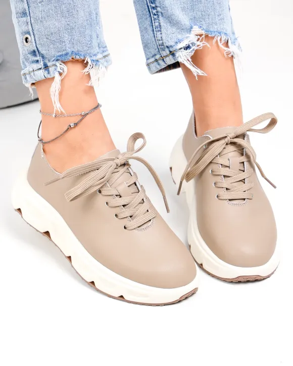 Outlet - Ultimele Marimi - Pantofi casual dama piele naturala kaki cu talpa bej F002-534