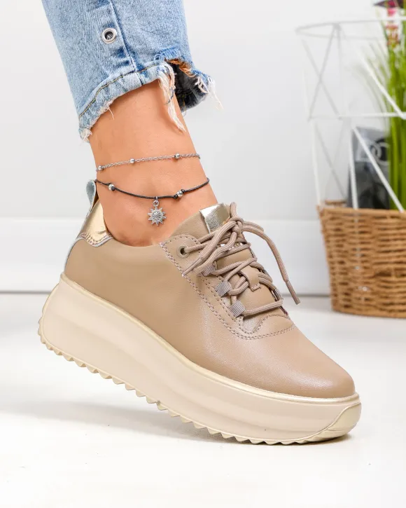 Pantofi Casual - Pantofi casual dama piele naturala kaki cu talpa groasa F002-290