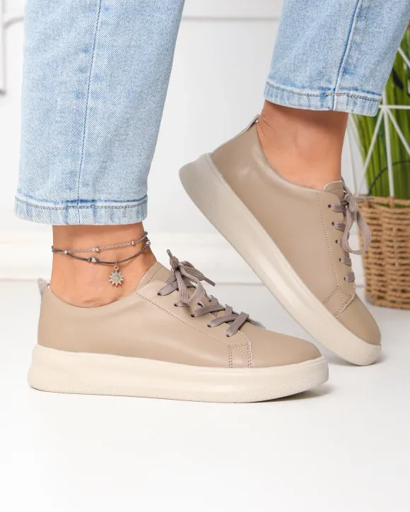 Pantofi casual dama piele naturala kaki cu varf rotund F001-A09