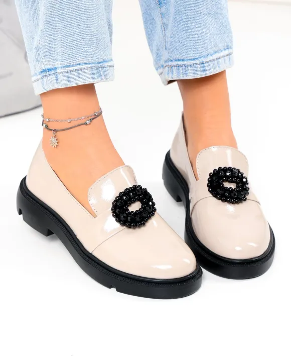 Pantofi casual dama piele naturala lacuita bej PC823-3