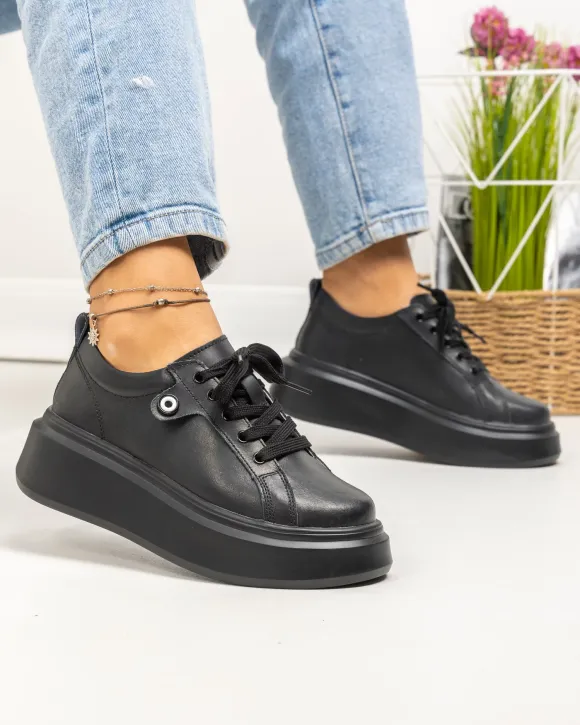 Pantofi casual dama piele naturala negri cu accesoriu lateral T-5807