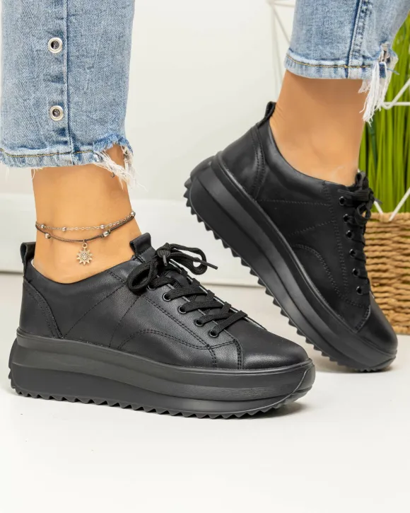 Pantofi casual dama piele naturala negri cu inchidere sireturi F001-750