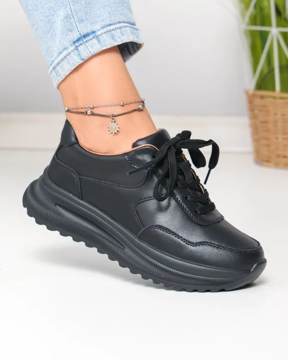 Pantofi casual dama piele naturala negri cu talpa groasa F001-989