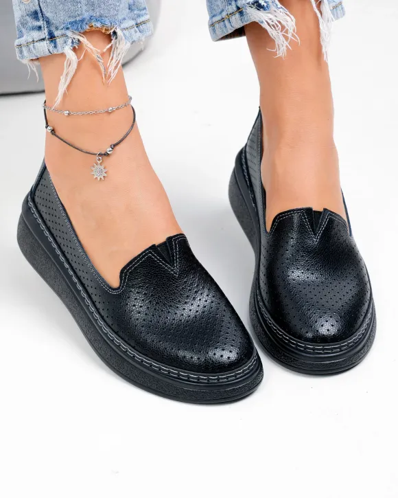 Outlet - Ultimele Marimi - Pantofi casual dama piele naturala negri perforati cu talpa flexibila JY6701