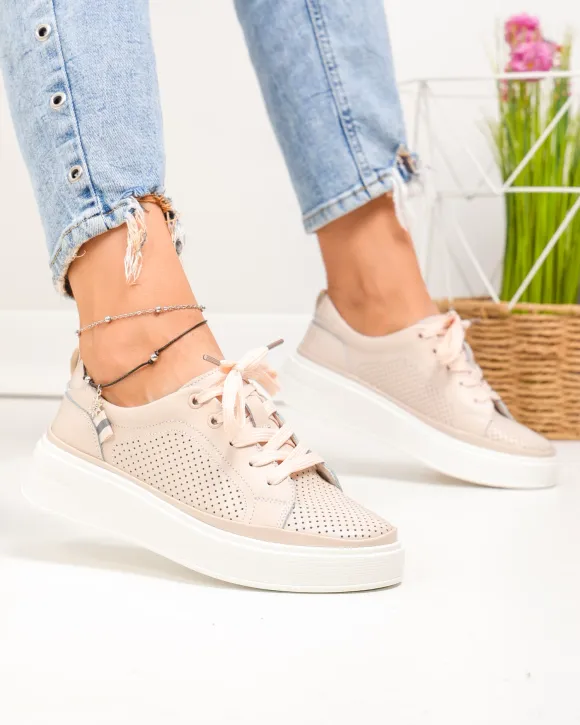 Pantofi casual dama piele naturala roz cu inchidere sireturi JY3285