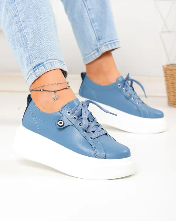 Pantofi casual din piele naturala albastri cu platforma T-5807