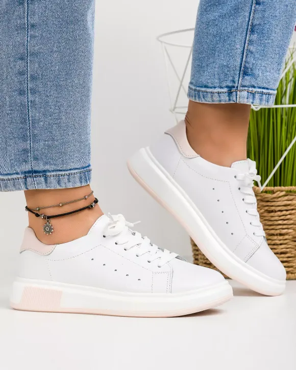 Pantofi casual din piele naturala albi cu roz si inchidere sireturi AW464