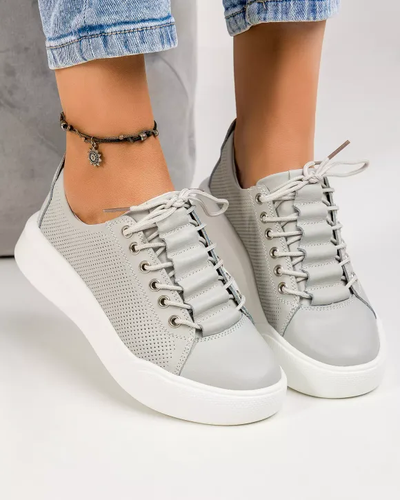 Pantofi casual piele naturala gri cu inchidere siret T-16
