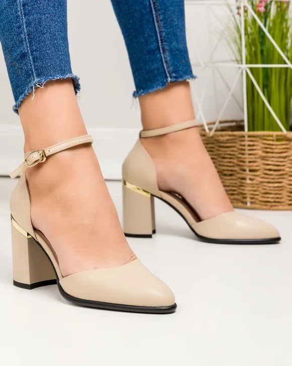 Pantofi eleganti dama piele naturala bej cu inchidere catarama si toc gros SN4003-2