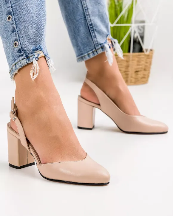 Pantofi eleganti piele naturala bej cu toc gros si inchidere catarama WIZ34