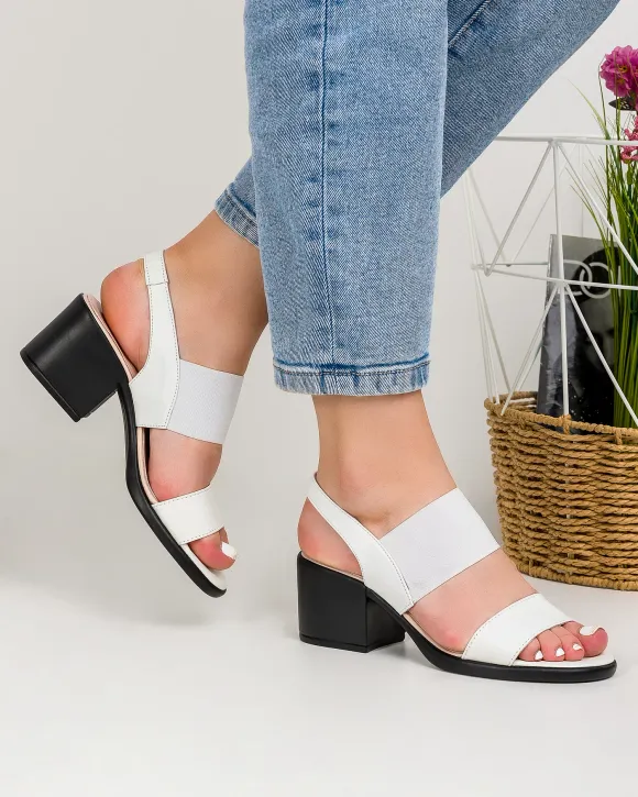 Outlet - Ultimele Marimi - Sandale Albe Cu Toc Si Bareta Elastica Piele Naturala AK0165
